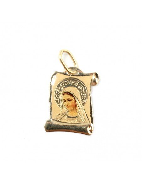 Medalla de la " Virgen Niña " realizada en oro amarillo de 18 Kts, con forma de pergamino y la imagen esmaltada.