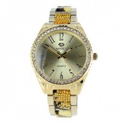 Reloj de señora marca Marea con caja de acero chapado, corona de pedrería y decoración de serpiente