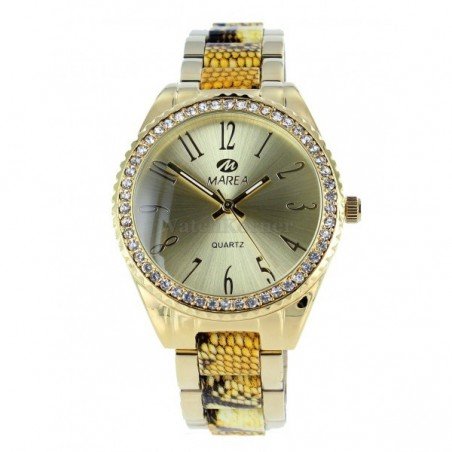 Reloj de señora marca Marea con caja de acero chapado, corona de pedrería y decoración de serpiente