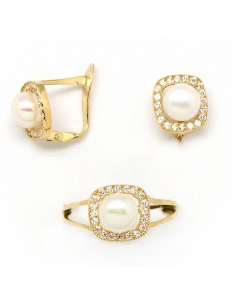 Conjunto de pendientes y sortija para niña de comunión en oro amarillo con perlas y circonitas.