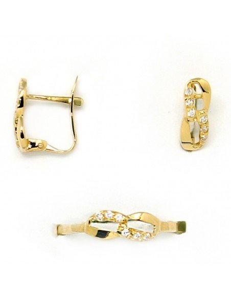 Conjunto de pendientes y sortija para niña de comunión en forma de ocho y salteado con circonitas.