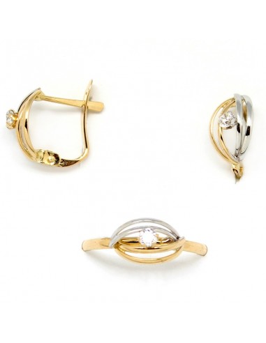 Conjunto de pendientes y anillo para niña de comunión combinando oro blanco y oro amarillo con una circonita central.