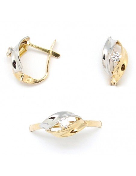 Juego de pendientes y anillo para niña de comunión, combinando oro blanco con oro amarillo y una circonita central.