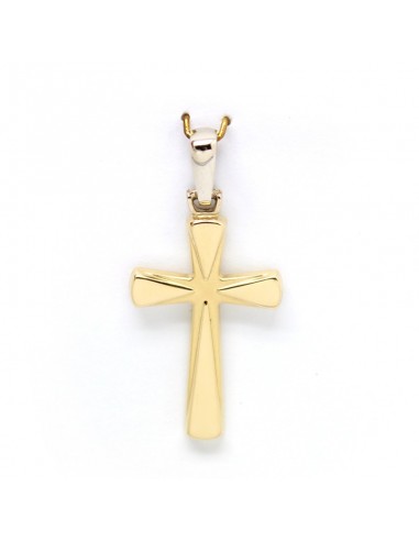Cruz bicolor sin cristo que combina el oro blanco y el oro amarillo junto con un acabado mate brillo.