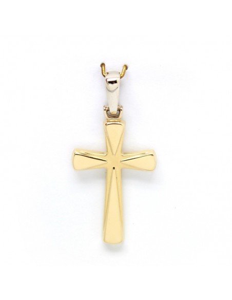 Cruz bicolor sin cristo que combina el oro blanco y el oro amarillo junto con un acabado mate brillo.