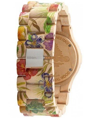 Reloj para señora de la marca Wewood realizado en madera reciclada y decoración de flores.