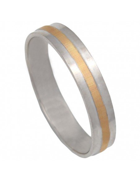 Alianza bicolor oro amarillo y oro blanco de 18 Kts. Base de la alianza en oro blanco y un anillo exterior en oro amarillo.