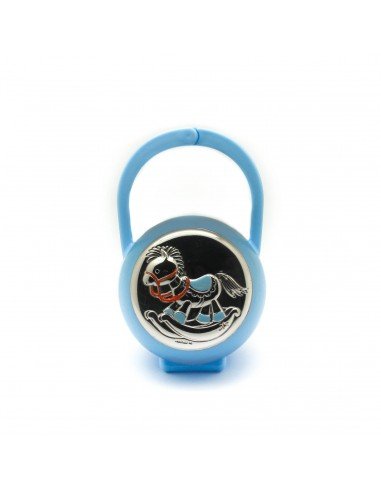 Porta chupete azul con caballo en plata