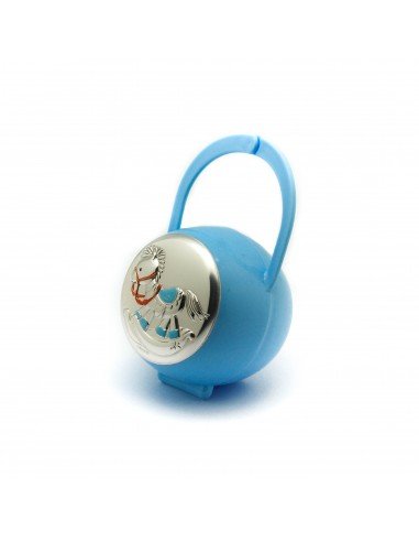 Porta chupete azul con caballo en plata