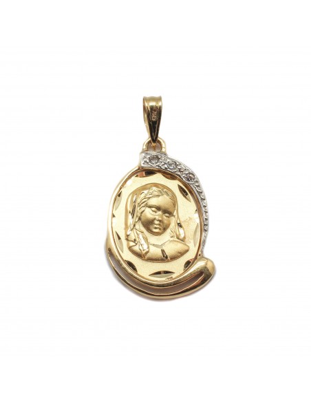 Medalla de la Virgen Niña para comunión en oro de 18 Kts. que combina oro amarillo y oro blanco con circonitas