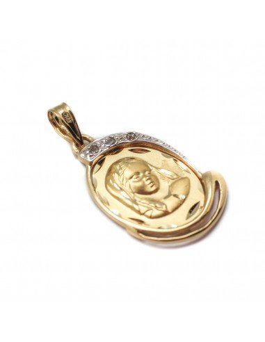 Medalla de la Virgen Niña para comunión en oro de 18 Kts. que combina oro amarillo y oro blanco con circonitas