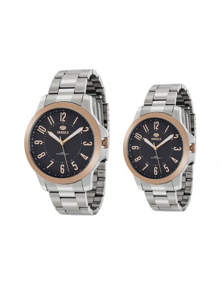 Pareja de relojes para caballero y señora de la marca Marea con esfera negra y acero.