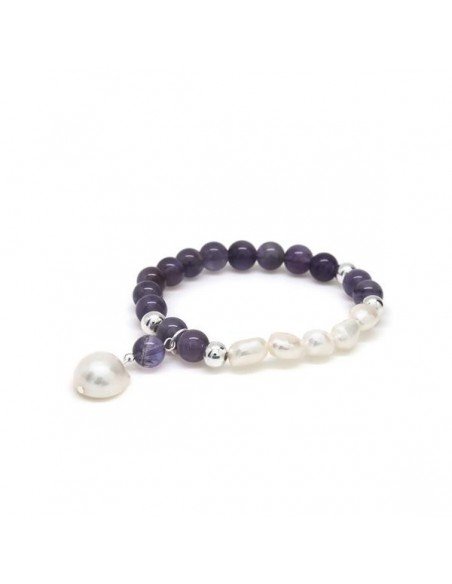 Pulsera elástica en plata con amatistas y perlas