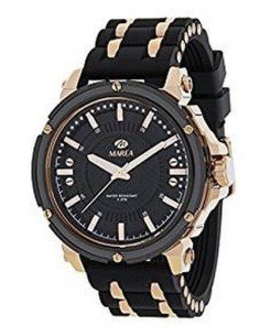 Reloj analógico para caballero con correa de caucho negro y aluminio cromado de la marca Marea