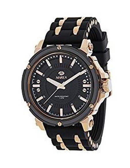 Reloj analógico para caballero con correa de caucho negro y aluminio cromado de la marca Marea
