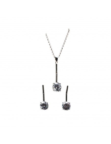 Conjunto de pendientes, cadena y colgante a juego, en plata de ley y terminando en una circonita.