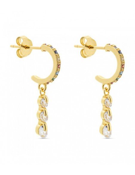 Pendientes aro multicolor y charm circonitas colgando