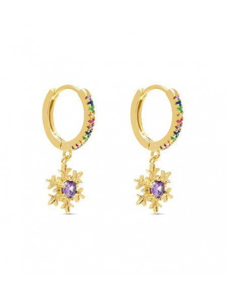 Pendientes de aro multicolor y charm copo de nieve