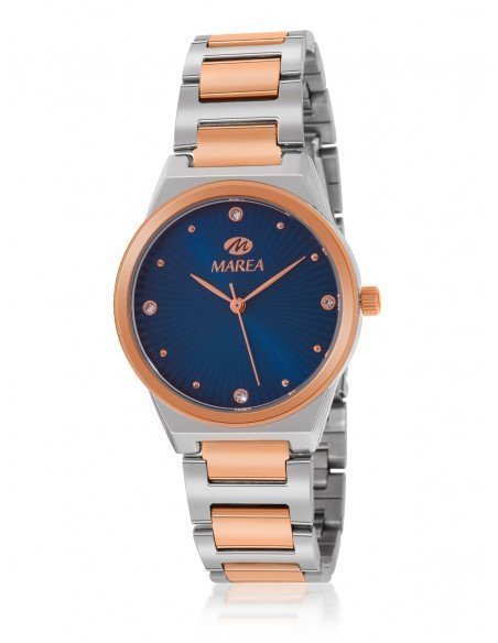 Reloj para mujer con esfera azul y cadena bicolor