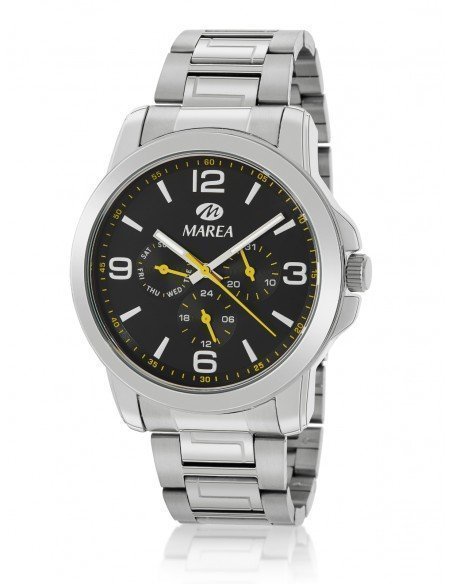 Reloj de acero de hombre con detalles en amarillo
