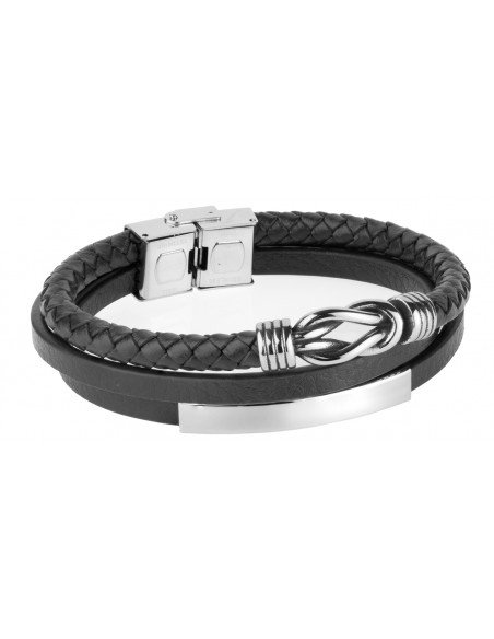Pulsera negra triple de acero y piel