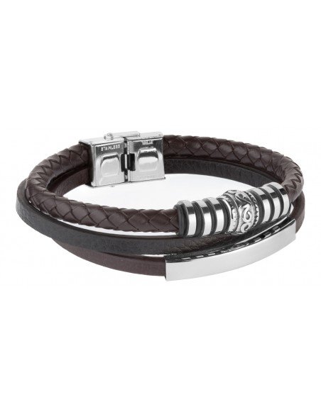 Pulsera triple de acero y piel bicolor